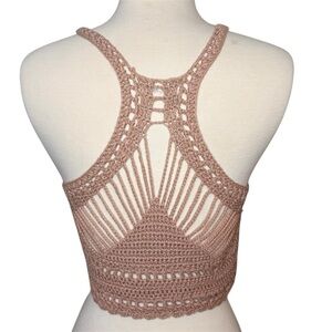 Debut Dusty Rose Crochet Halter Crop Top Boho Open Back